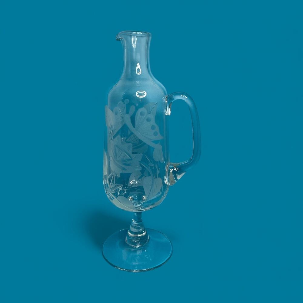 VTG Crystal Cut Etched Floral Clear Wine Decanter Applied Handle - no stopper